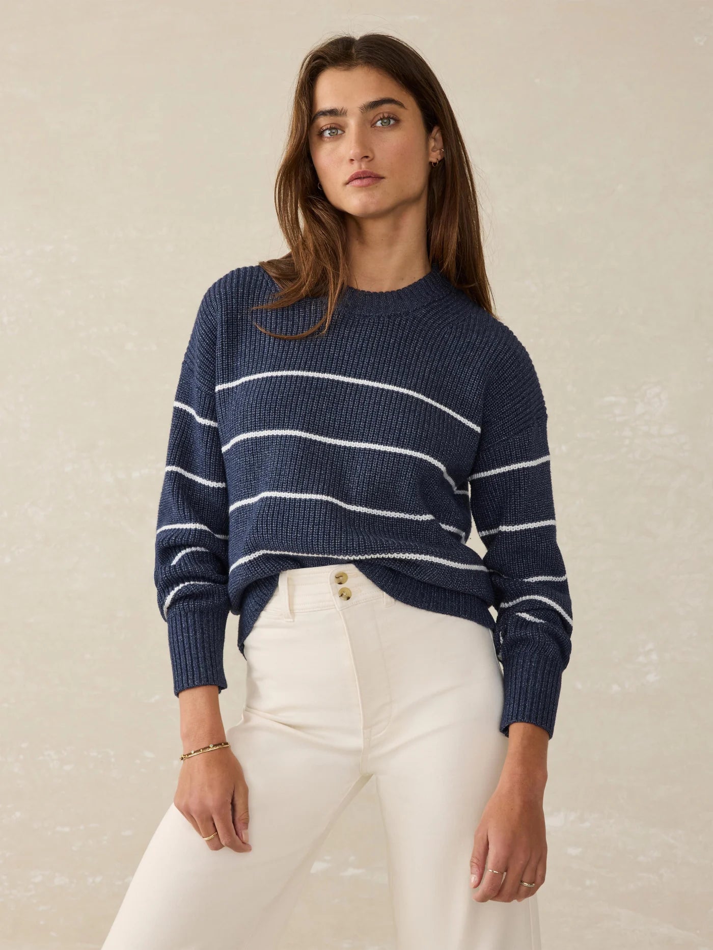 VENNER-Sunwashed Cotton Fisherman Sweater - Water Mill Stripe